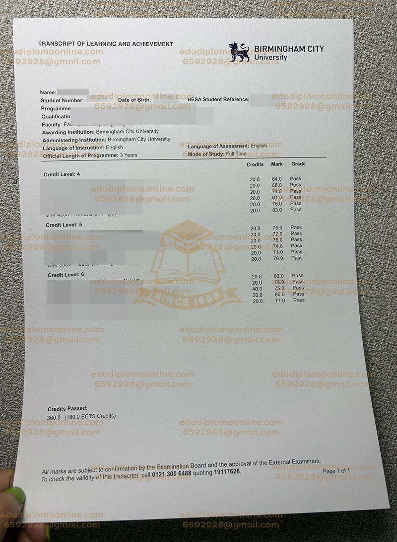 伯明翰城市大學成績單