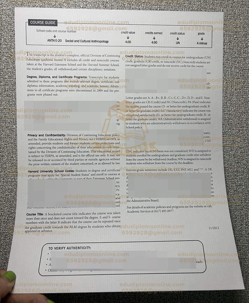 Harvard University transcript back