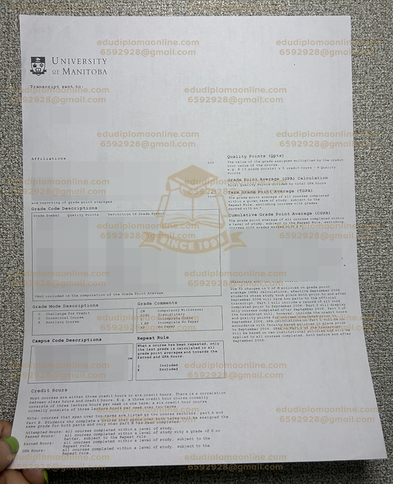 University of Manitoba transcript back