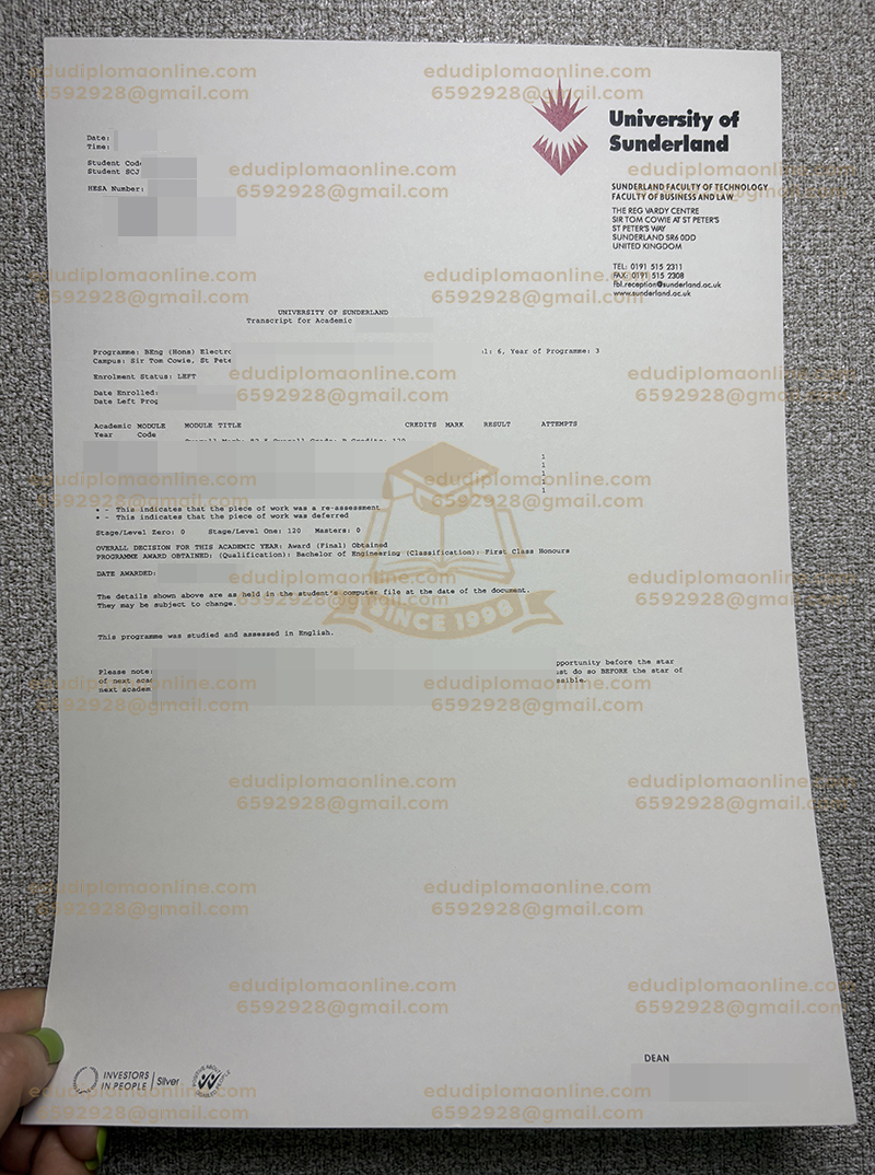 University of Sunderland transcript