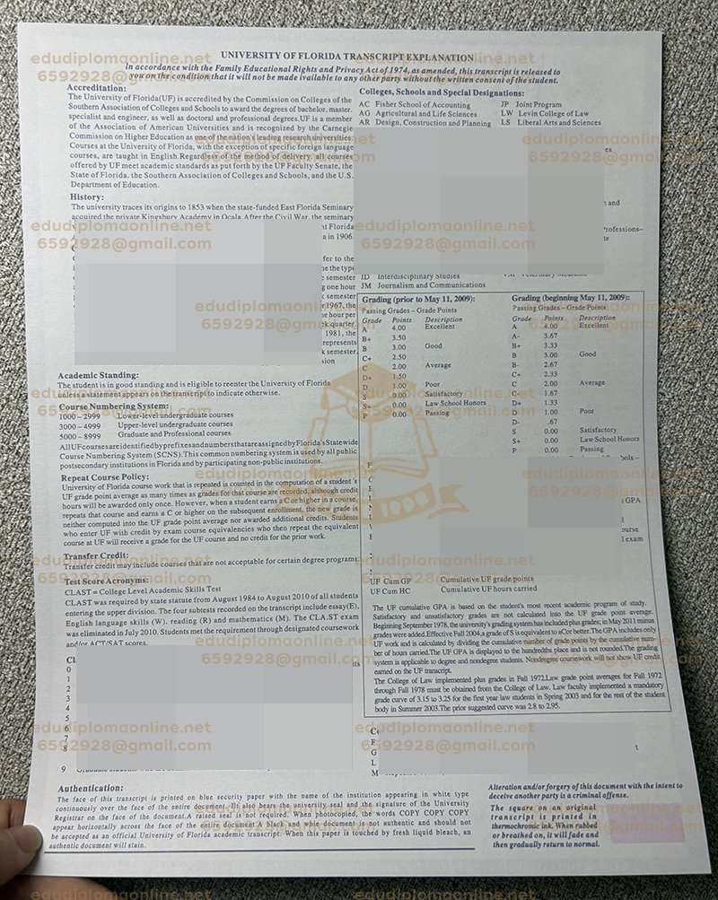 University of Florida transcript back